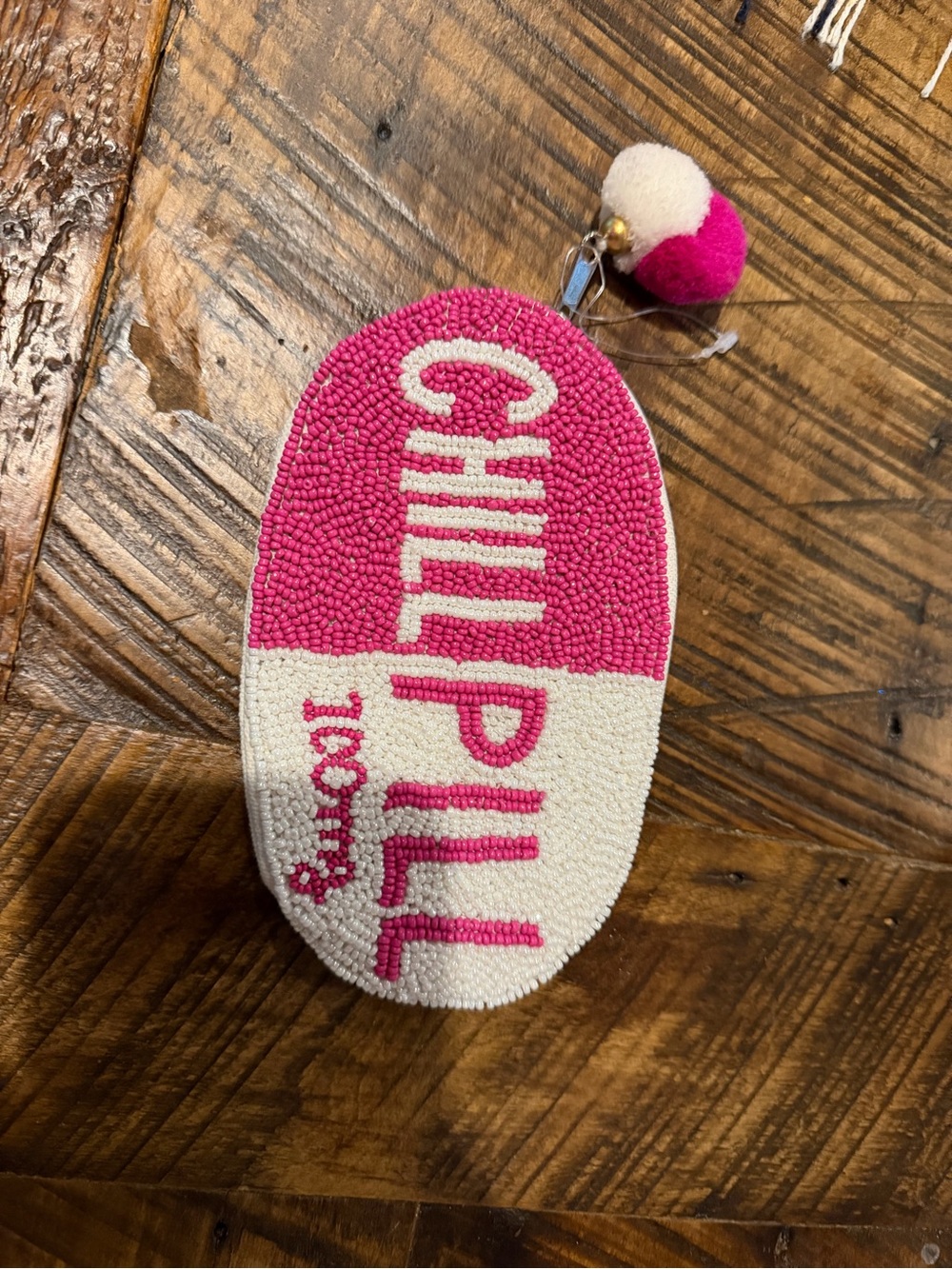 Pink & White Beaded 'CHILL PILL' Cosmetic Pouch